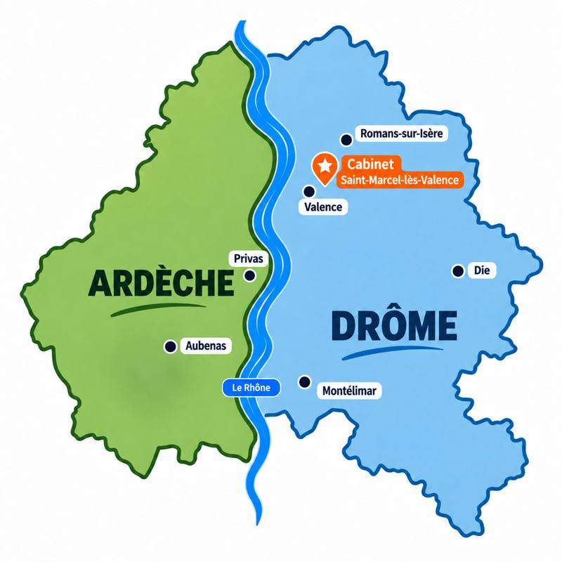 Carte de la Drôme et de l’Ardèche : le cabinet de Saint-Marcel-lès-Valence, au nord-est de Valence, avec Romans-sur-Isère, Die, Montélimar, Privas et Aubenas.